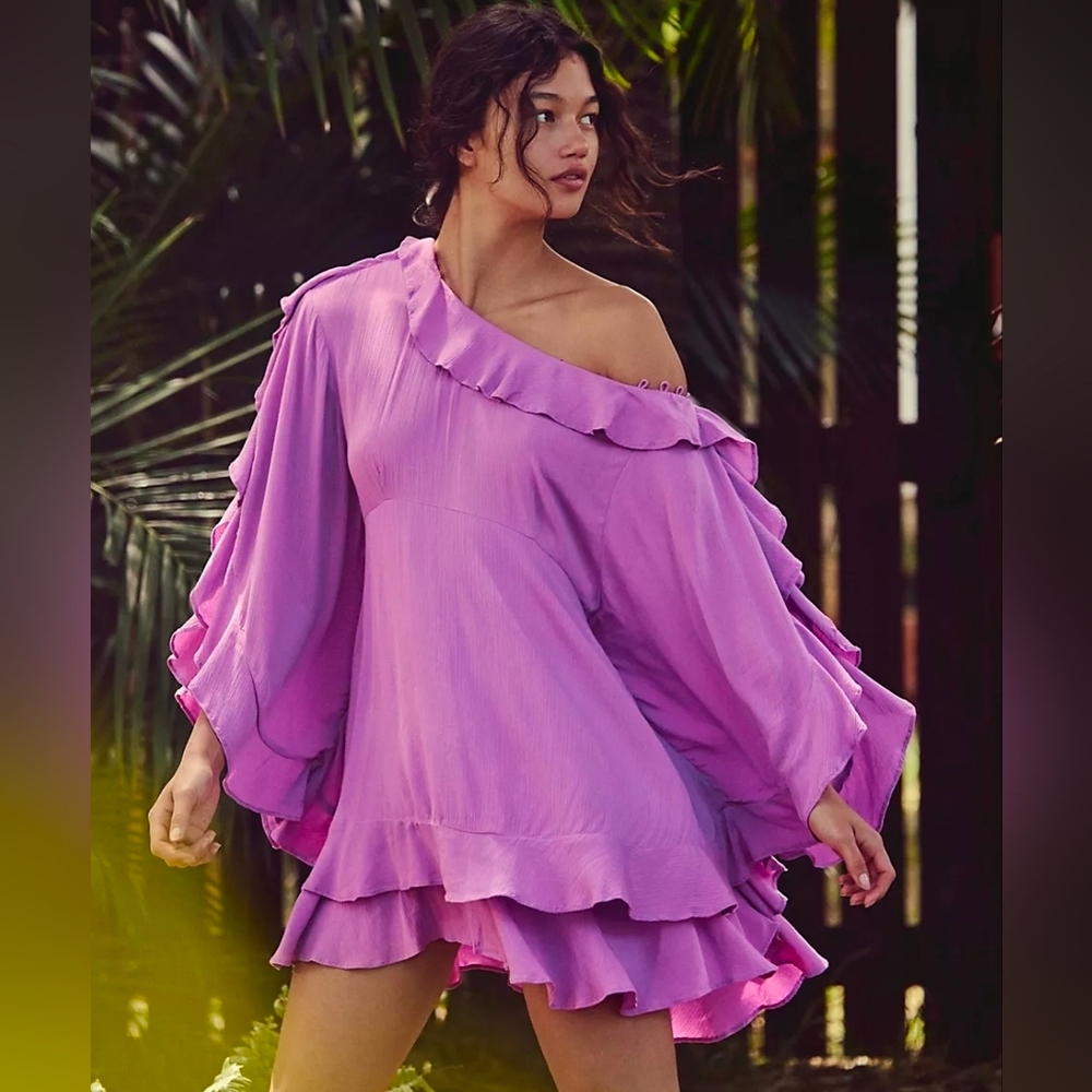 Free People Wild Waves Ruffled Off The Shoulder Mini Dress